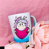 Tasse 340ml "Sonne im Herzen - Blödsinn im Kopf"  - Farbverlauf weiß/blau
