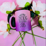 "Süß aber zickig" - Bundle Kissen/Tasse/Flasche mit ganz viel Glitzer