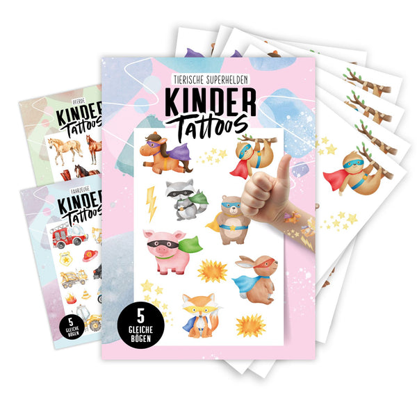 temporäre Tattoos 5 gleiche Bögen I 3 Motive zur Auswahl: Superhelden/Autos/Pferde