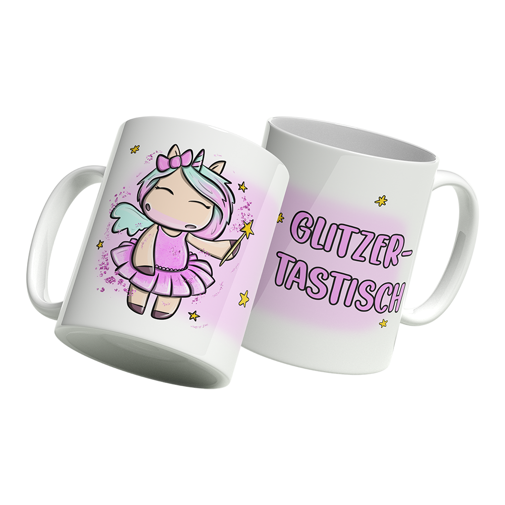 Detailansicht der Tasse Glitzertastisch - Leuchtende Farben und magisches Einhorn-Motiv