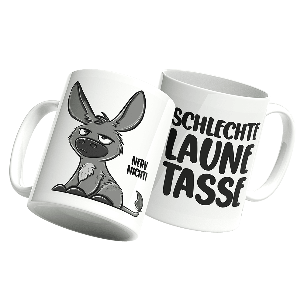 Detailansicht des brillanten Sublimationsdrucks auf der Tasse Esel - Schlechte Laune