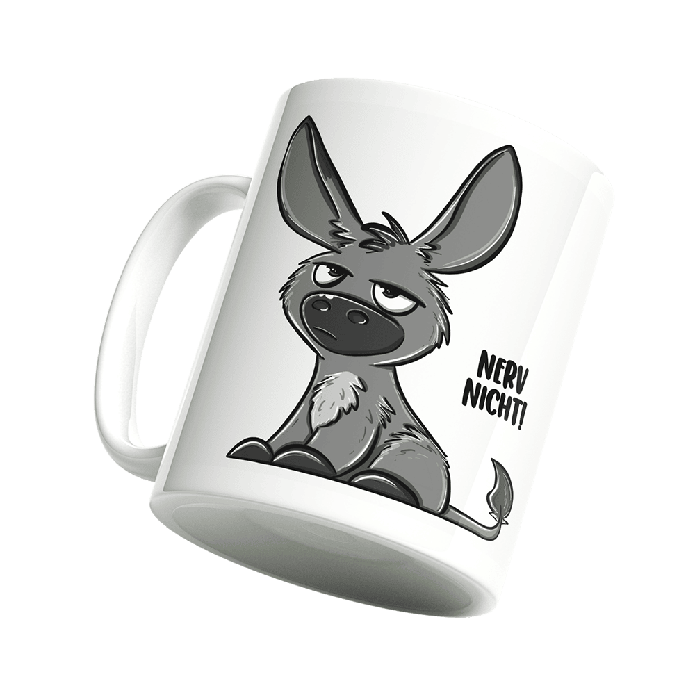 Detailansicht des brillanten Sublimationsdrucks auf der Tasse Esel - Schlechte Laune